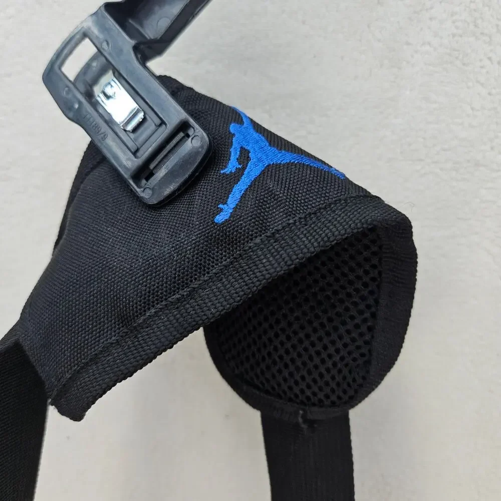 JORDAN BLACK GYM DUFFLE BAG SHOULD STRAP HANDHELD BLUE EMBROILDERED LOGO